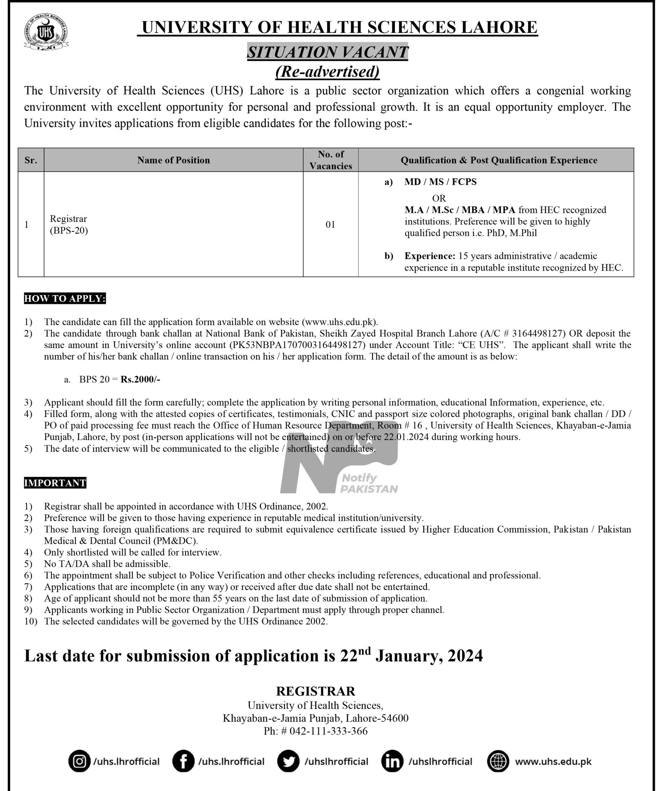 University Of Health Sciences Lahore UHS Jobs 2024 Advertisement # 2