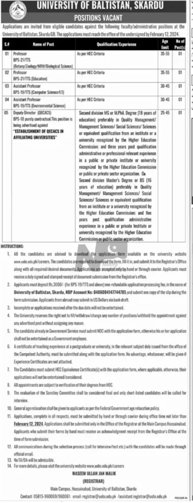 University of Baltistan Skardu Jobs 2024 Advertisement