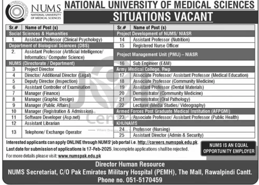 NUMS Jobs 2025 Latest Advertisement