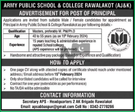 Army Public School and College Rawalakot Careers 2024 Advertisement