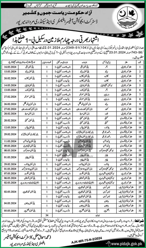 District Education Officer Elementary and Secondary Male Mirpur Jobs 2024 Advertisement
