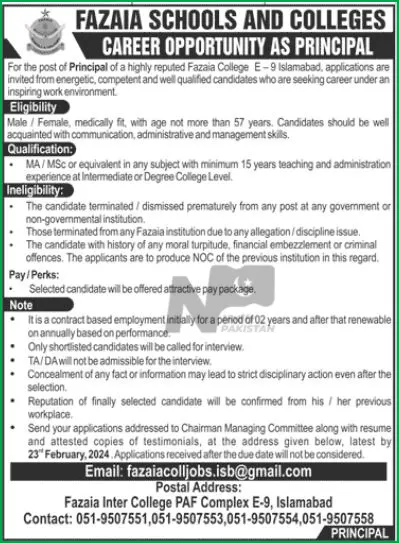 Fazaia Intermediate College Islamabad Jobs 2024 Advertisement