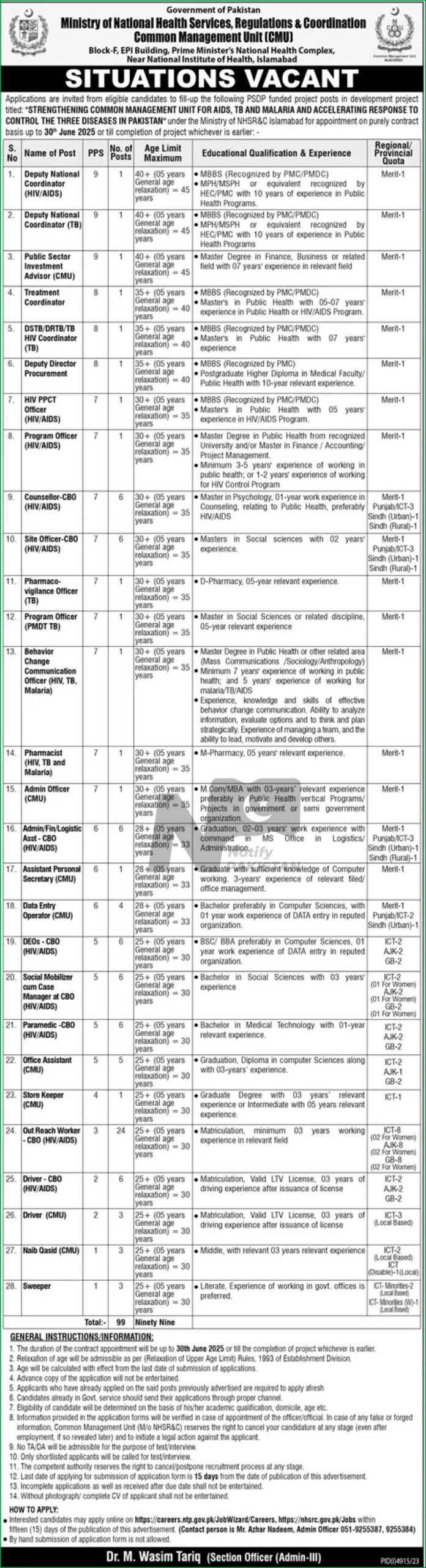 Ministry of National Health Services Islamabad Jobs 2024 Advertisement