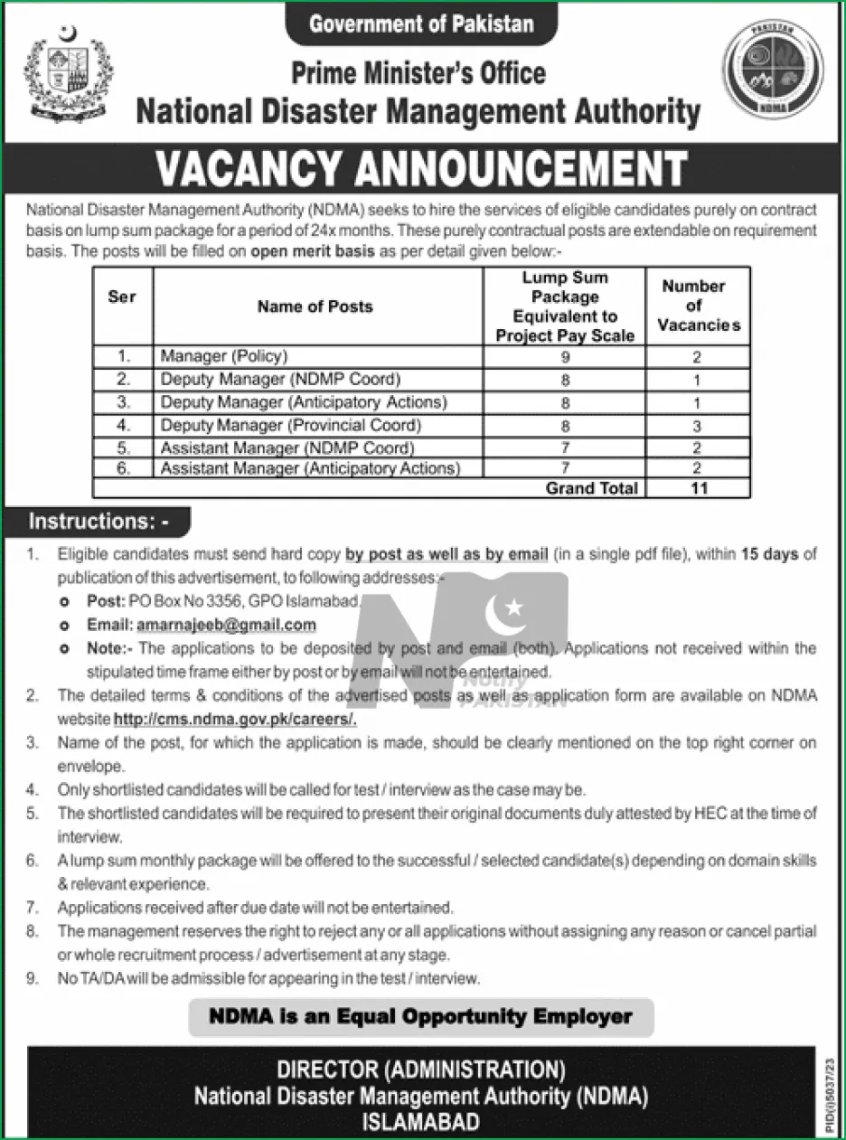National Disaster Management Authority Jobs 2024 Advertisement
