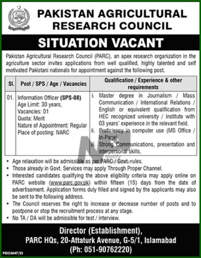 Pakistan Agricultural Research Council PARC Jobs 2024 Advertisement
