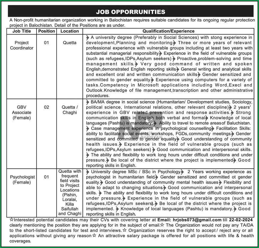 Project Coordinator and GBV Associate NGO Jobs 2024 Advertisement