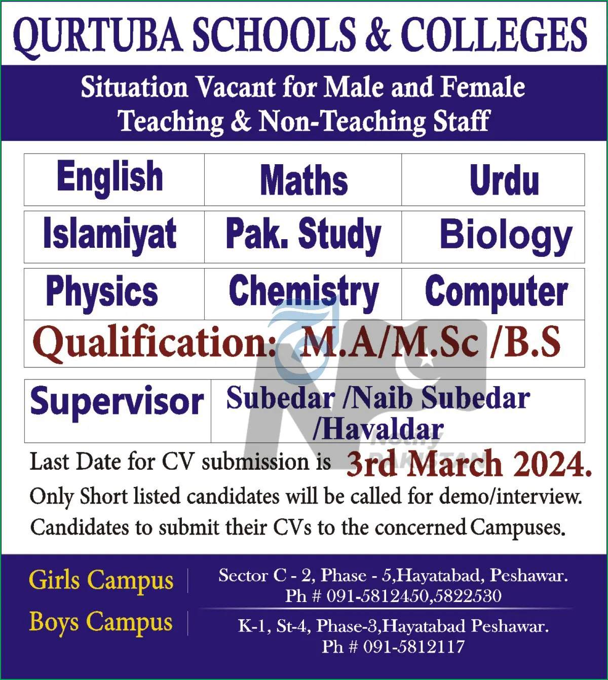 Qurtuba Schools and Colleges Peshawar Jobs 2024 Advertisement