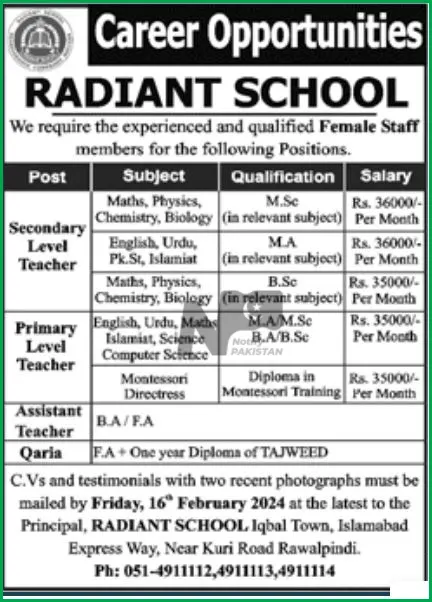 Radiant School Rawalpindi Jobs 2024 Advertisement