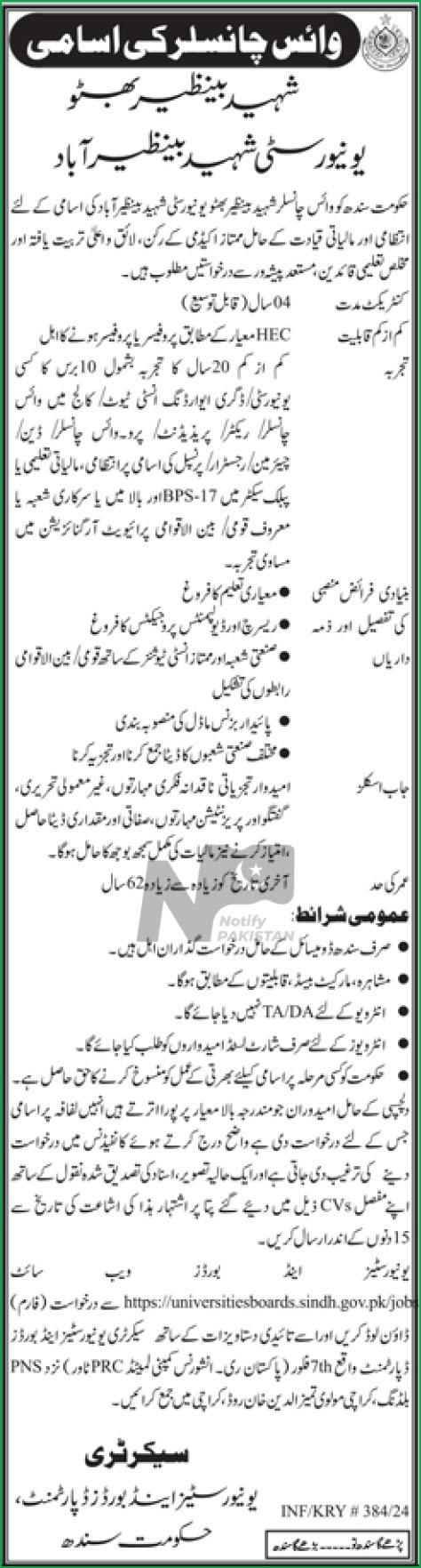 SBBU Shaheed Benazirabad Jobs 2024 Advertisement
