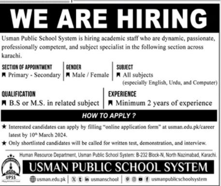 Usman Public School Karachi Jobs 2024 Advertisement