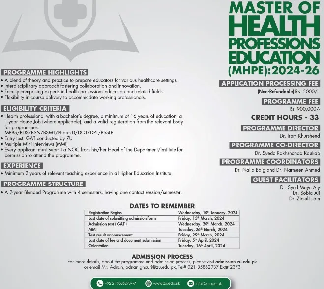 Zia-ud-din Medical University ZMU Admissions 2024 Advertisement