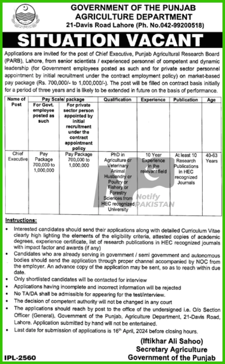 Agriculture Department Punjab Jobs 2024 for Chief Executive Advertisement