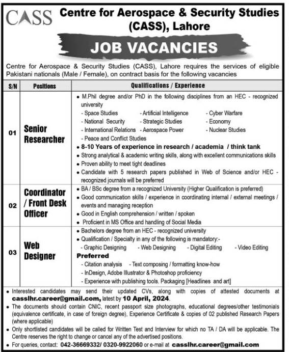 CASS Lahore Jobs Advertisement