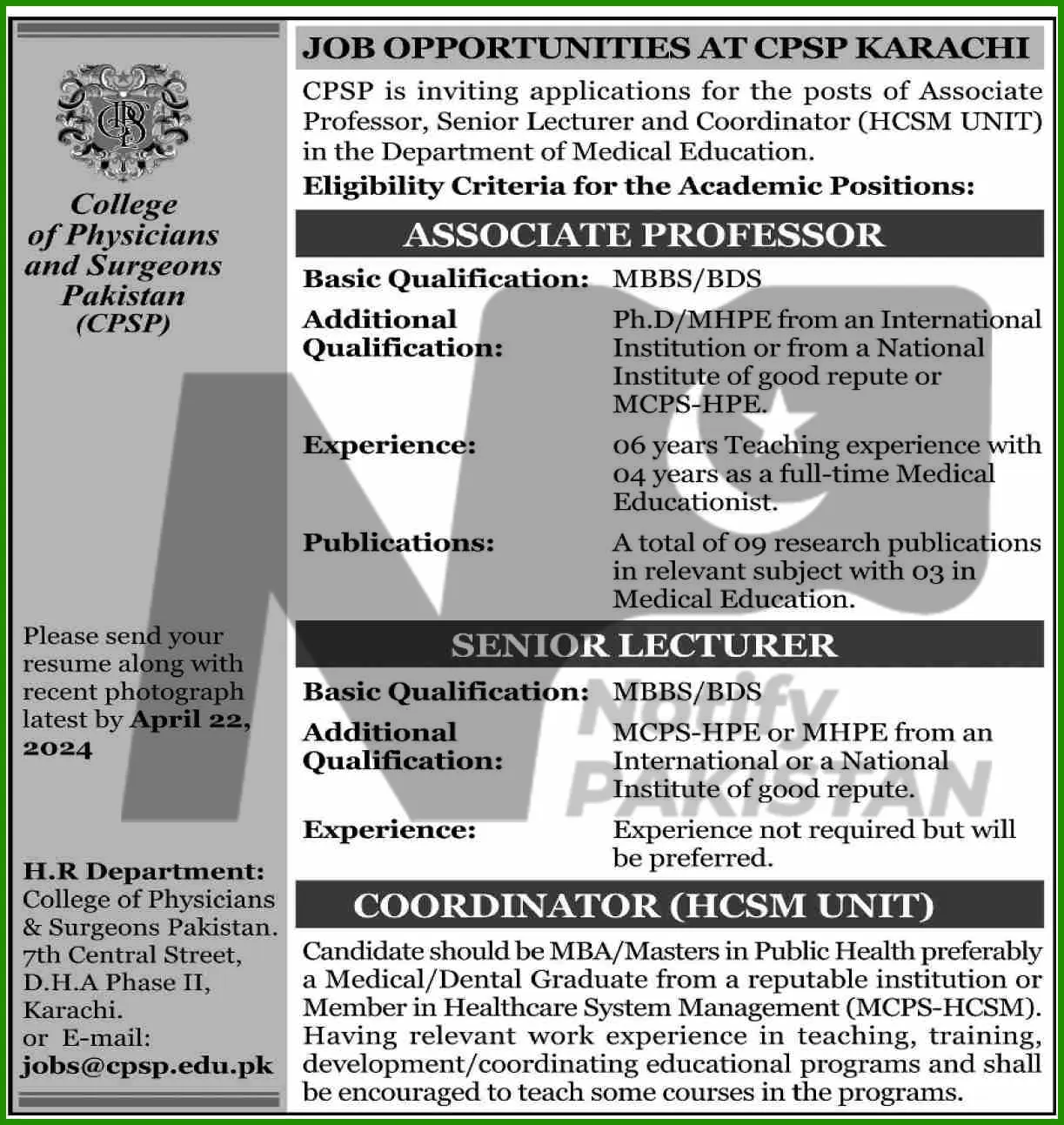 College of Physicians and Surgeons Pakistan Jobs 2024 Advertisement