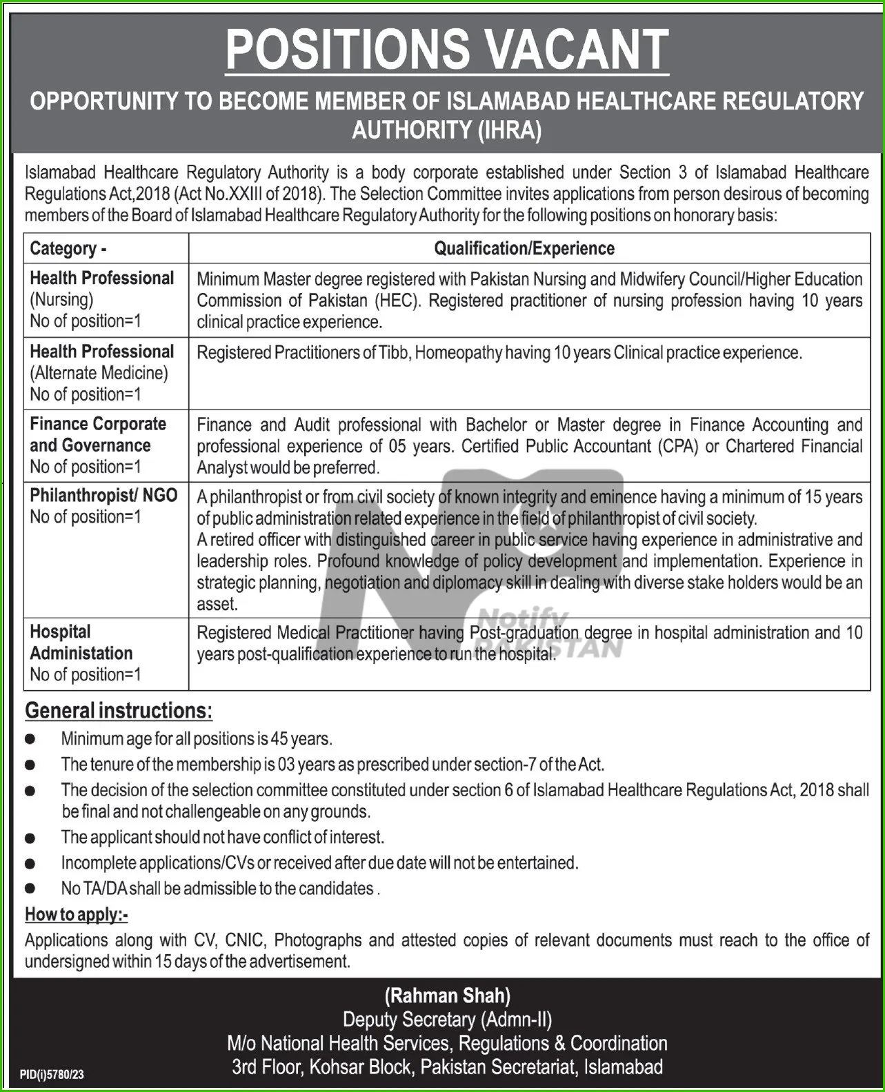 Islamabad Healthcare Regulatory Authority Jobs 2024 Advertisement
