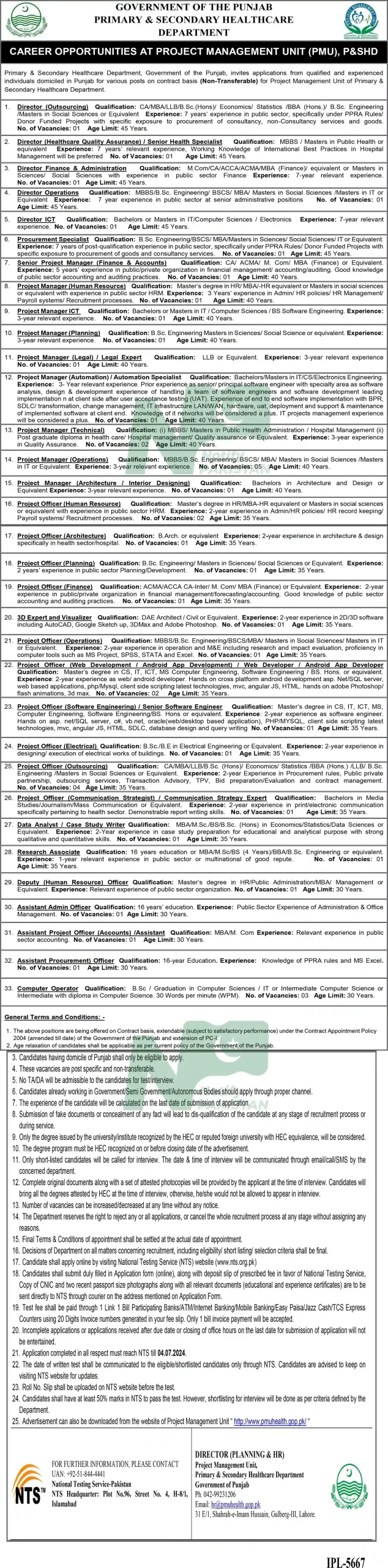 Latest Primary & Secondary Healthcare Department Lahore Jobs 2024 Advertisement