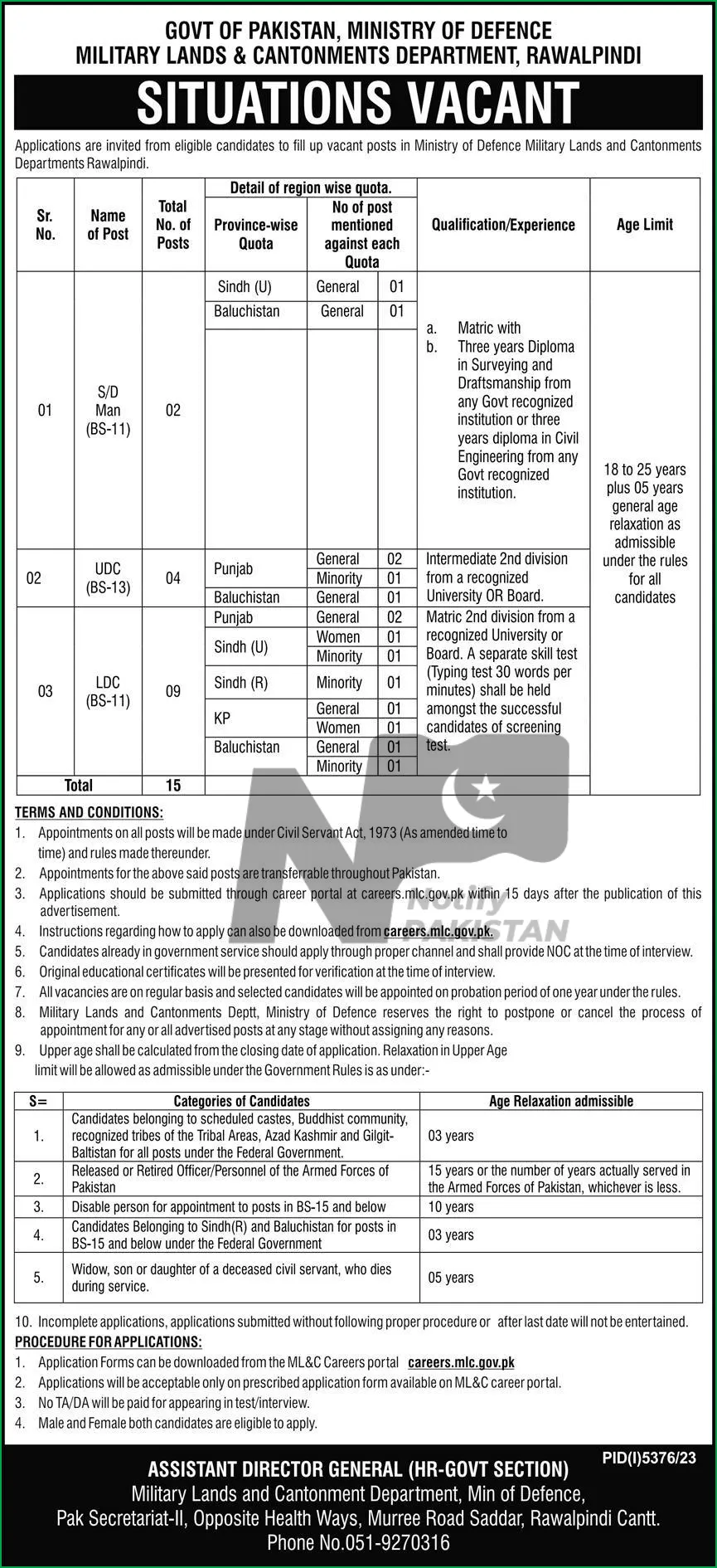 Military Lands and Cantonments Department Jobs 2024 Advertisement