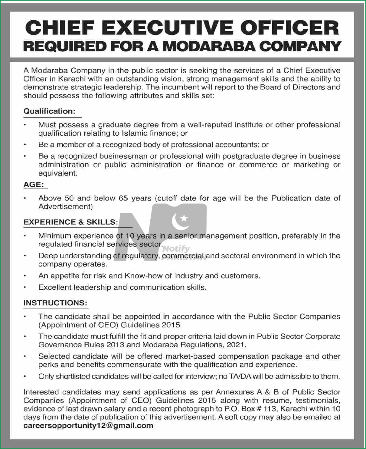 Modaraba Public Sector Organization Jobs 2024 Advertisement