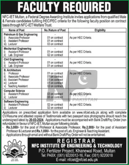 NFC Institute Of Engineering & Technology Multan Jobs 2024 Advertisement