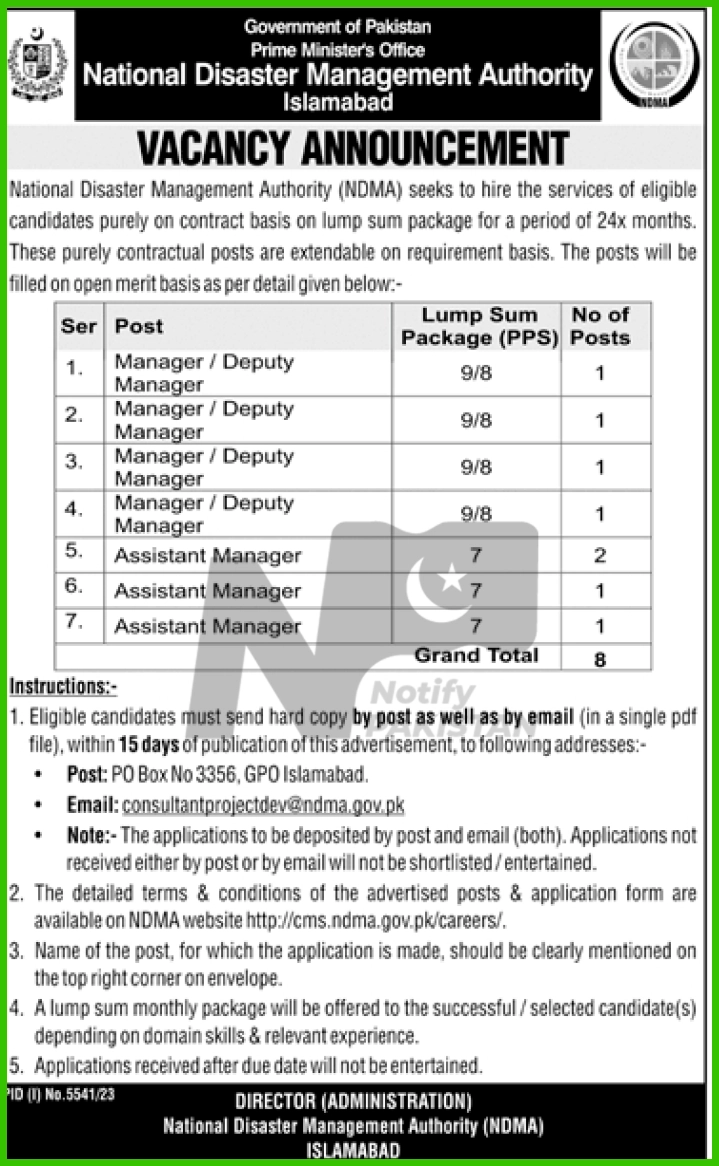 National Disaster Management Authority Jobs 2024 Advertisement