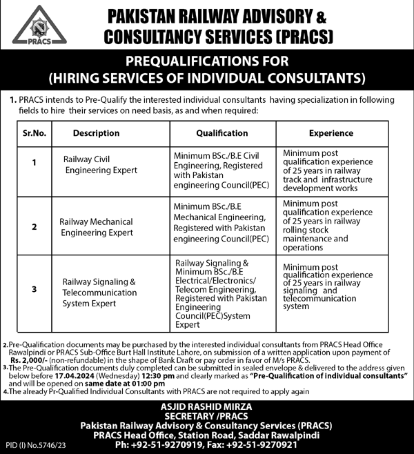 Pakistan Railway Advisory and Consultancy Services PRACS Jobs 2024 Advertisement