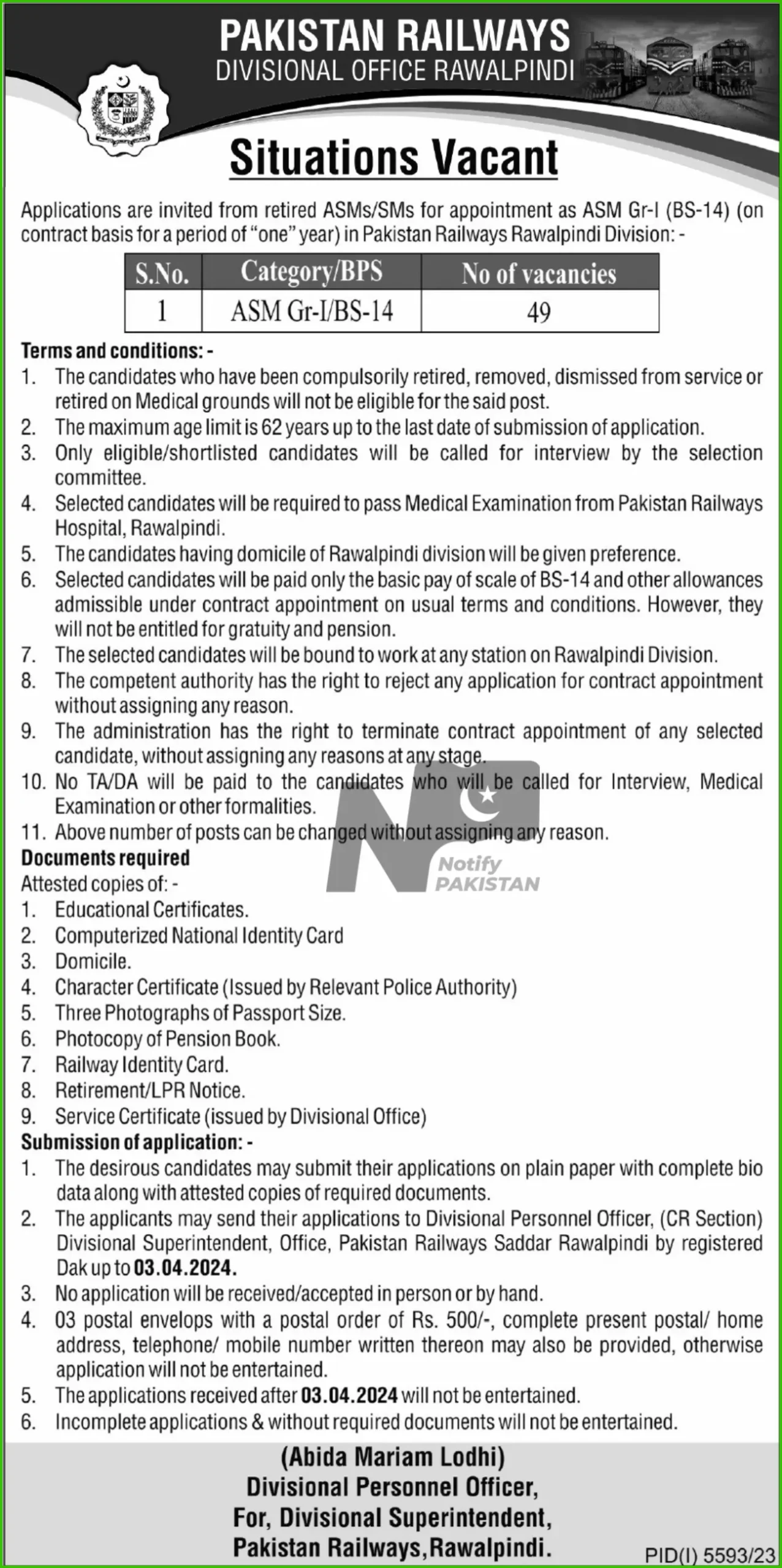 Pakistan Railways Division Office Rawalpindi Jobs 2024 Advertisement