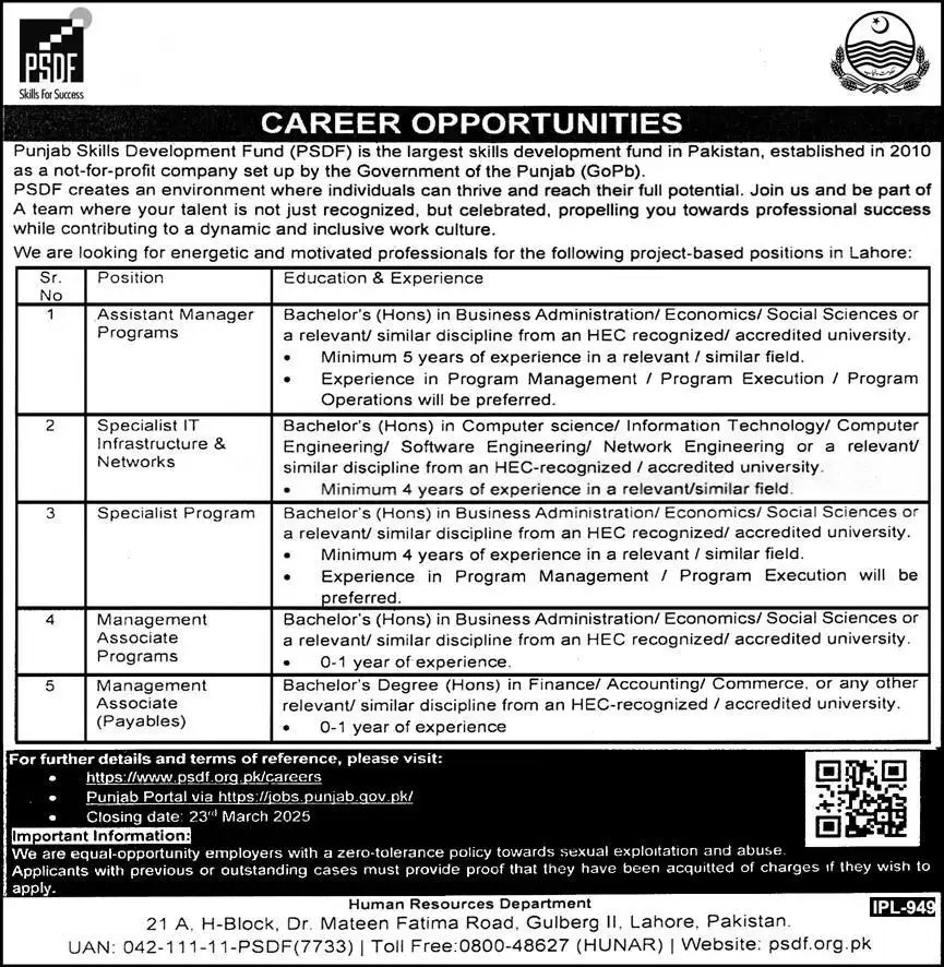 Punjab Skills Development Fund Jobs 2025 Advertisement