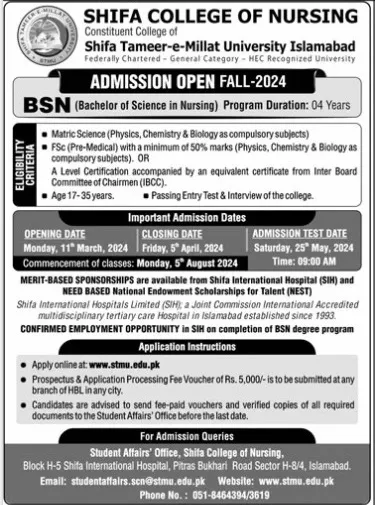 Shifa College Of Nursing SCN Islamabad Admission 2024 Advertisement
