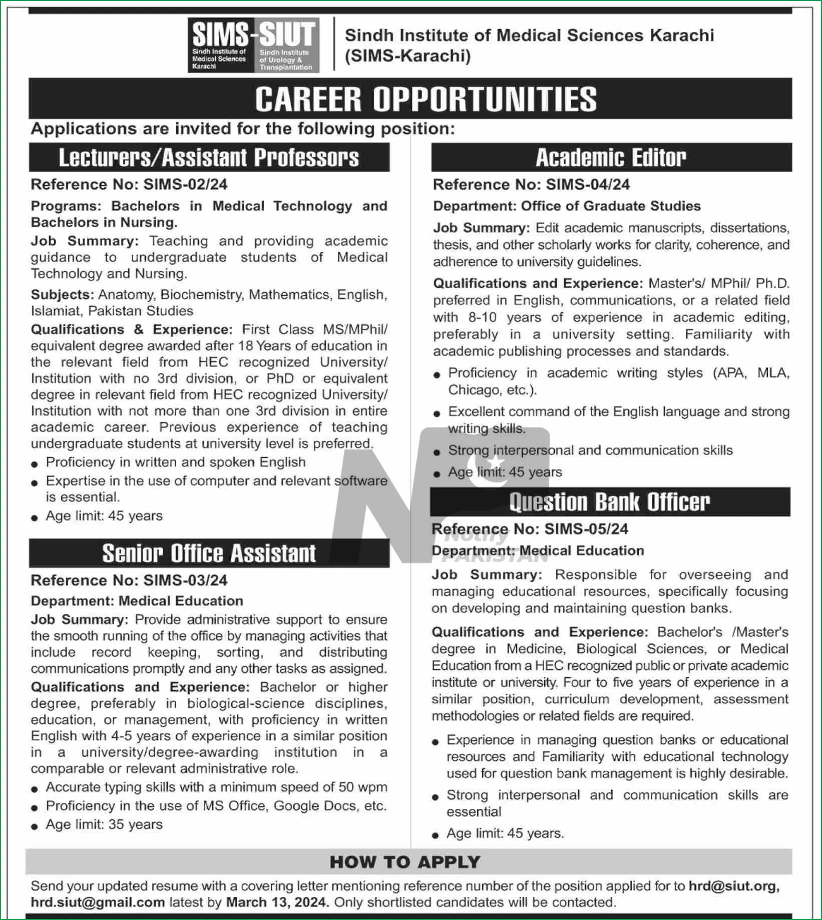 Sindh Institute of Medical Sciences Karachi Jobs 2024 Advertisement