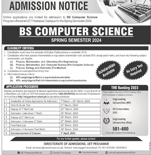 University Of Engineering & Technology, UET Peshawar Admission 2024 Advertisement