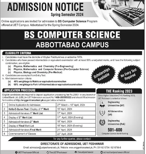 University Of Engineering and Technology Campus UET Abbotabad Admission 2024 Advertisement