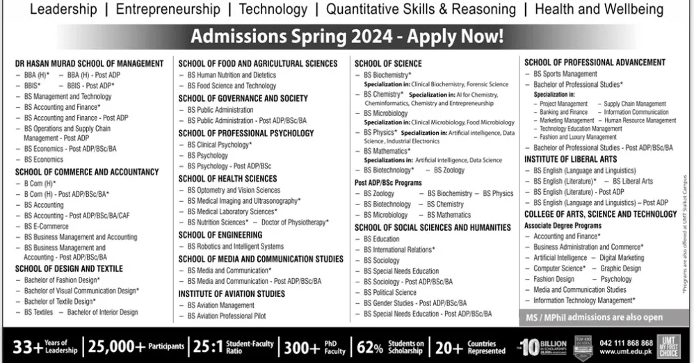 University Of Management And Technology UMT Lahore Admission 2024 Advertisement
