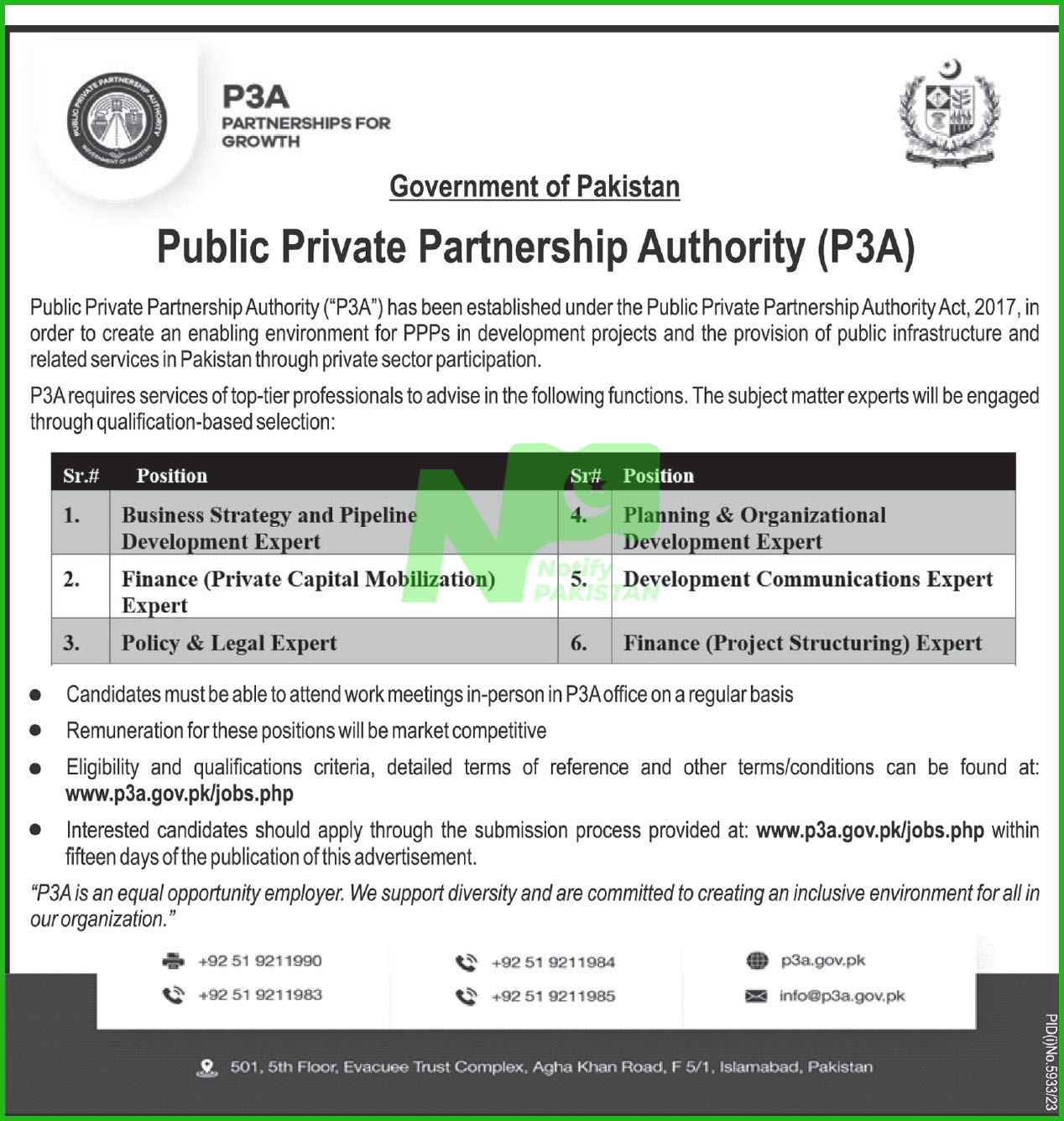 Public Private Partnership Authority P3A Jobs 2024 Advertisement:
