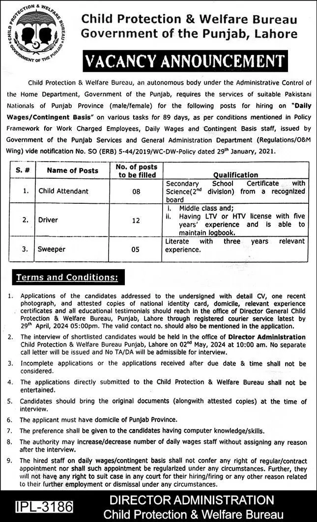 Child Protection and Welfare Bureau CPWB Punjab Jobs 2024 Advertisement