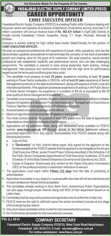 Faisalabad Electric Supply Company FESCO Jobs 2024 Advertisement