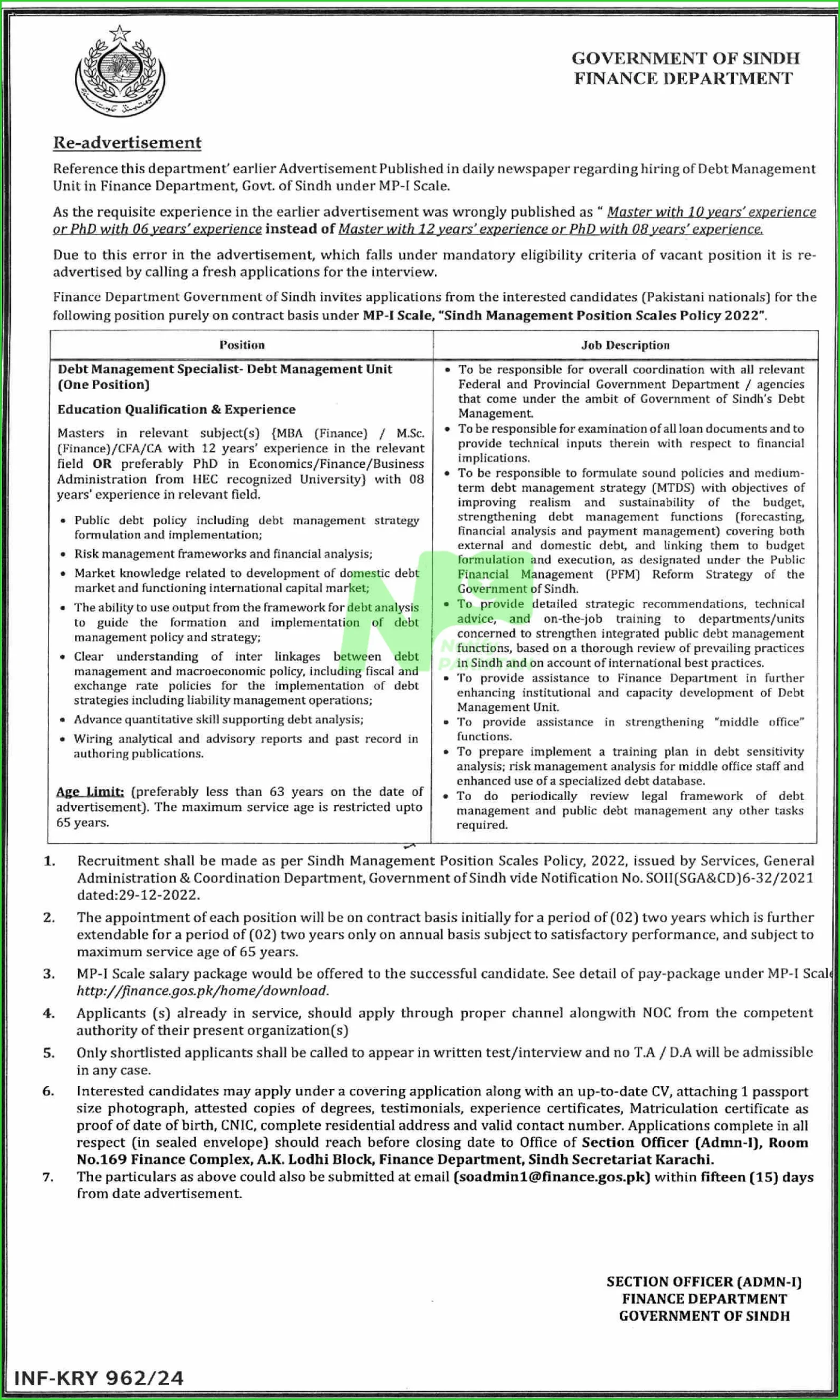 Finance Department Sindh Jobs Advertisement