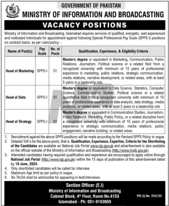 Latest Ministry of Information and Broadcasting Jobs 2024 Advertisement