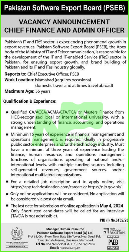 Latest Pakistan Software Export Board PSEB Islamabad Jobs 2024 Advertisement