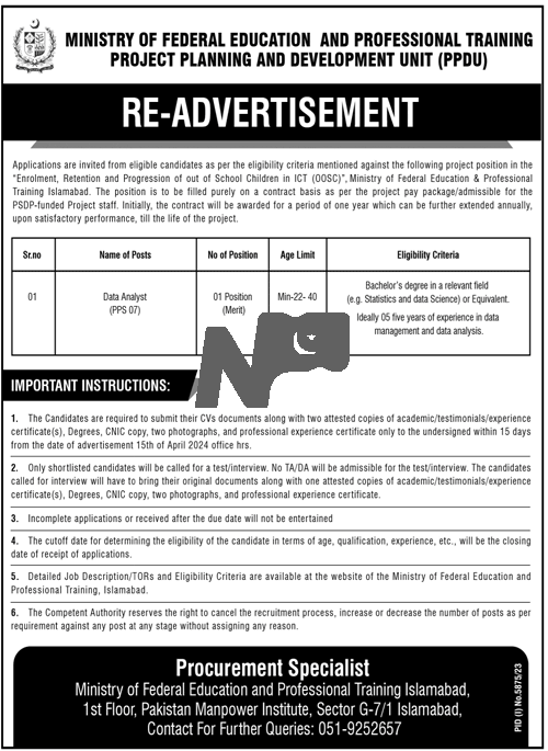 Ministry of Federal Education and Professional Training MOFEPTJobs 2024 Advertisement