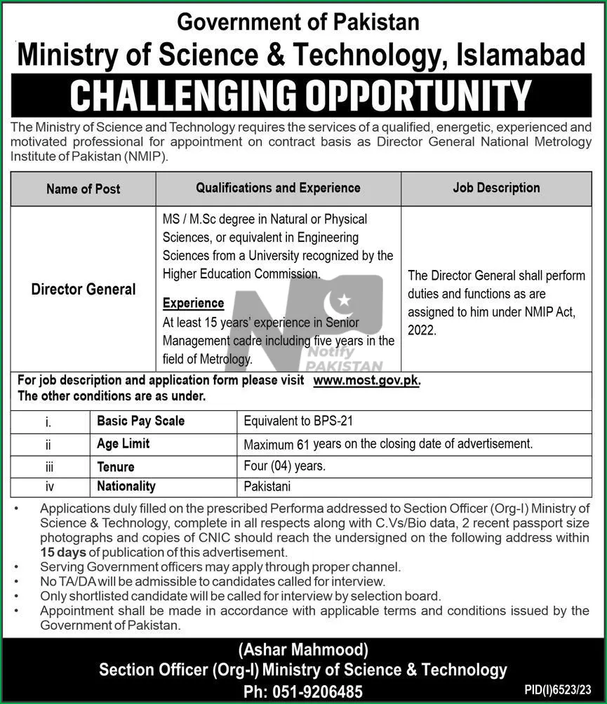 Ministry of Science and Technology MOST Jobs 2024 Advertisement