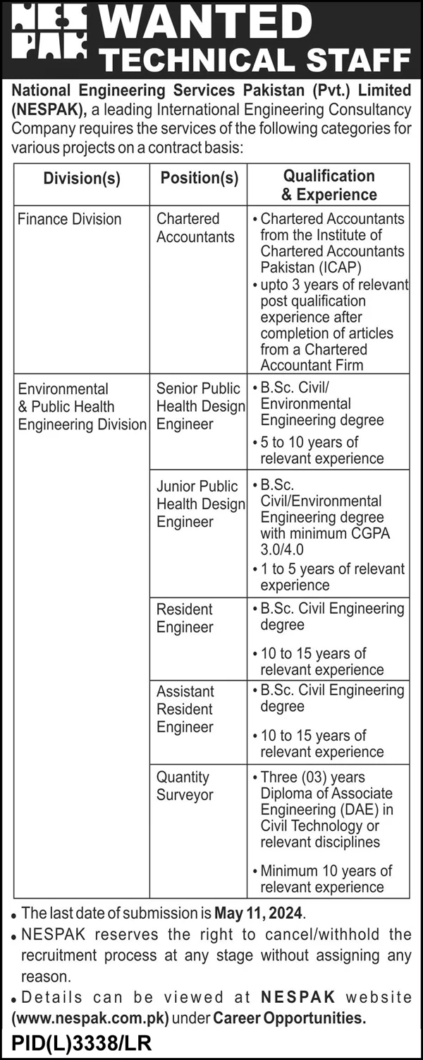 National Engineering Services Pakistan NESPAK Jobs 2024 Advertisement