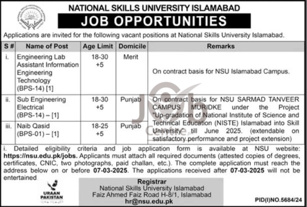 National Skills University NSU Islamabad Jobs 2025 Advertisement