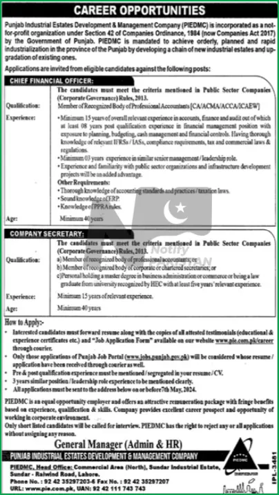 Punjab Industrial Estates Development and Management Company PIEDMC Jobs 2024 Advertisement