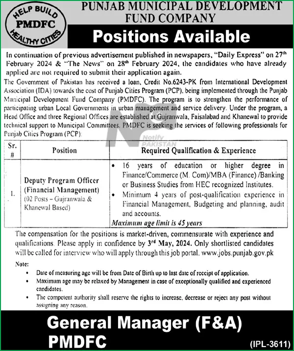 Punjab Municipal Development Fund Company PMDFC Lahore Jobs 2024 Advertisement