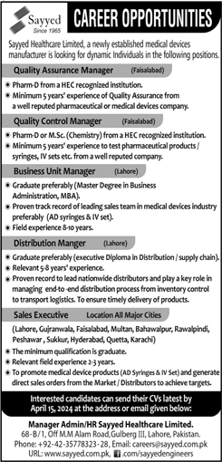 Sayyed Healthcare Limited Jobs 2024 Advertisement