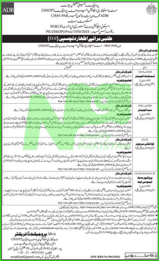 School Education and Literacy Department SELD SindhJobs 2024 Advertisement