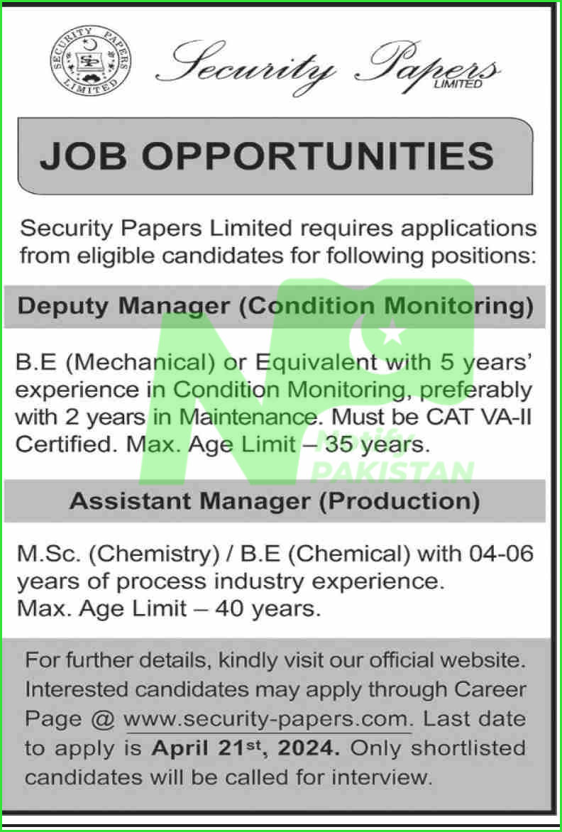 Security Papers Limited Jobs 2024 Advertisement