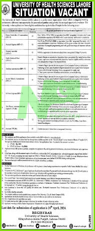 University Of Health Sciences Lahore UHS Jobs 2024 Advertisements
