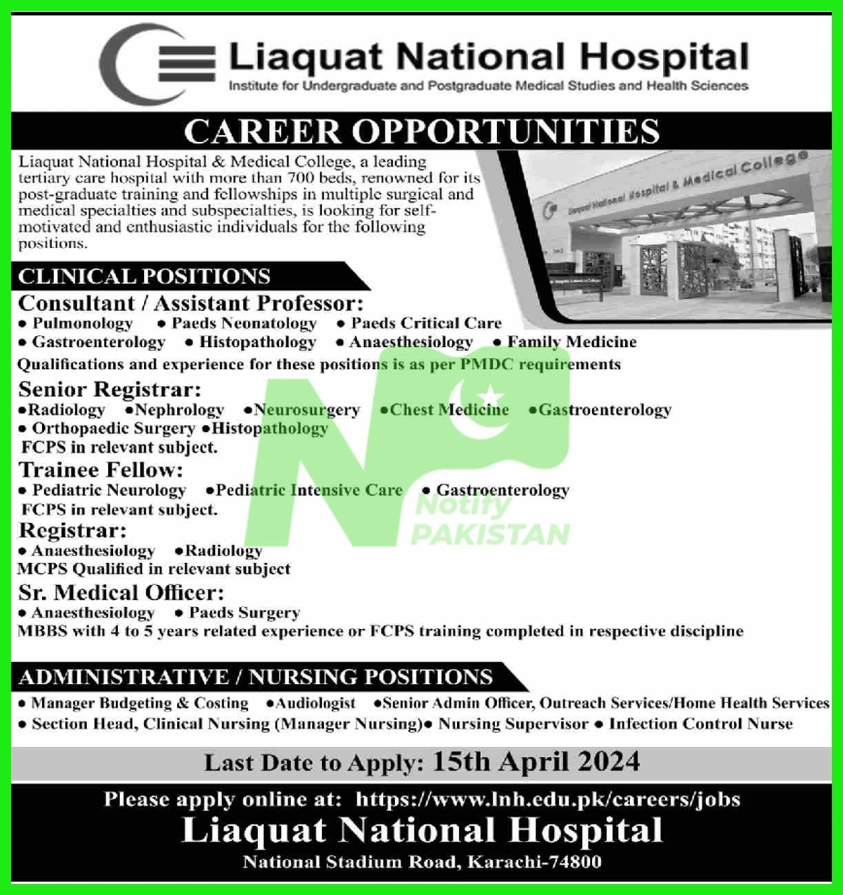 Liaquat National Hospital LNH Jobs Jobs 2024 Advertisement: