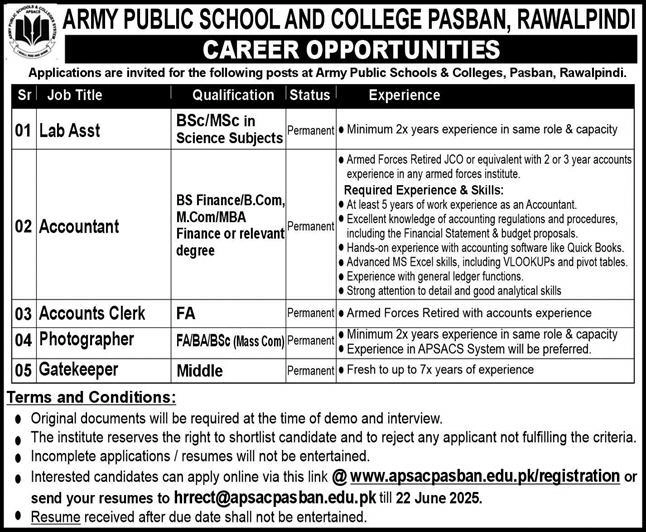 lastest Army Public School APS Rawalpindi Jobs 2025 Advertisement